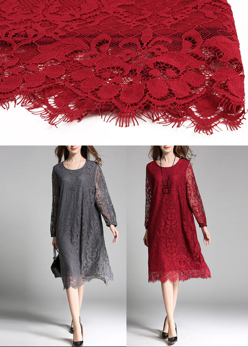 Grey Lace Party Dress O-neck Hollow Out Long Sleeve