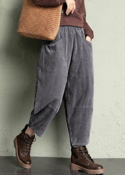 Grey Loose Corduroy Crop Pants High Waist Spring