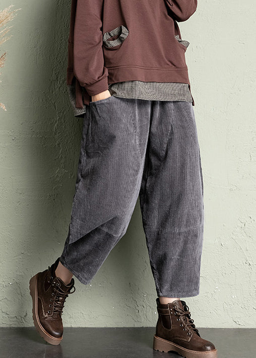 Grey Loose Corduroy Crop Pants High Waist Spring