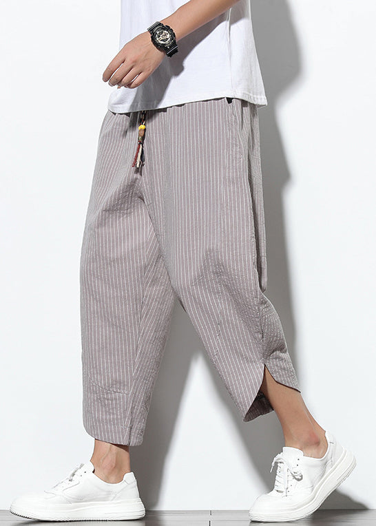 Grey Striped Pockets Cotton Summer Crop Pants Elastic Waist