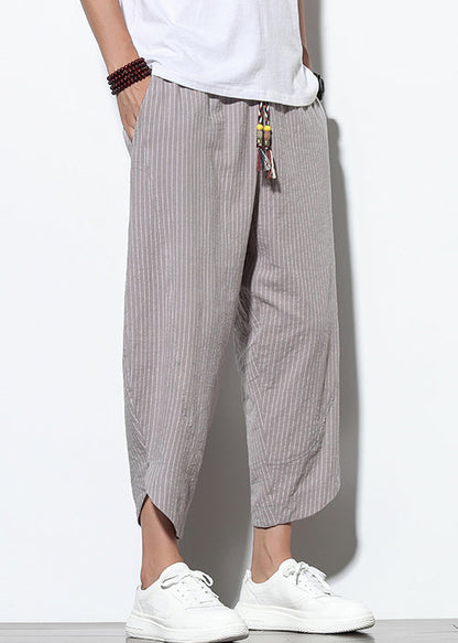 Grey Striped Pockets Cotton Summer Crop Pants Elastic Waist