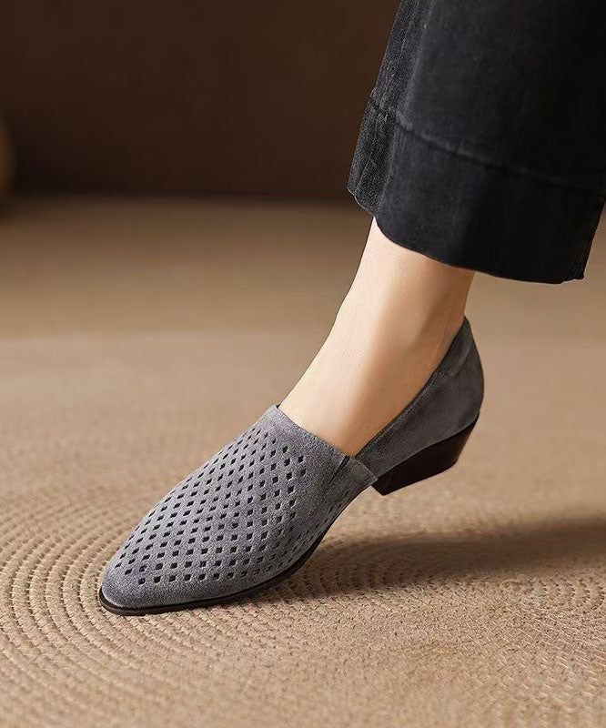 Grey Suede Hollow Out Splicing Loafers for