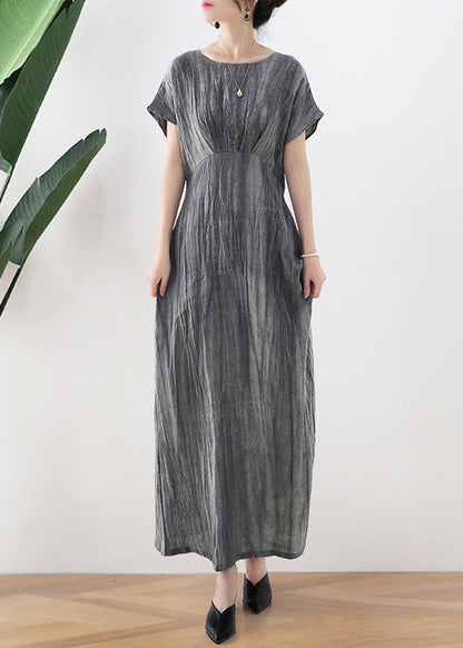 Grey Tie Dye Long Dresses Tie Waist Short Sleeve