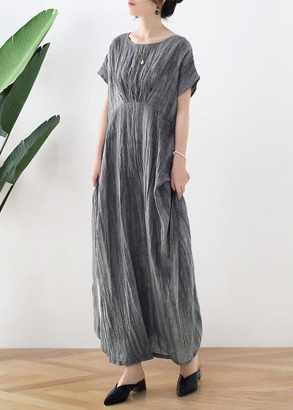 Grey Tie Dye Long Dresses Tie Waist Short Sleeve