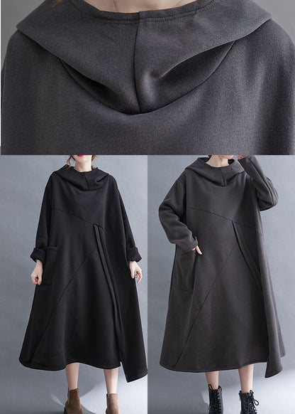 Grey Asymmetrical Design Warm Fleece Long Dresses Hooded Winter