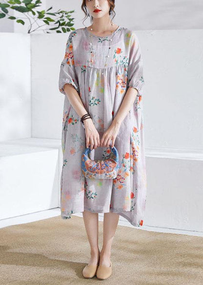 Grey Lantern Sleeve Patchwork Print Summer Ramie Party Dress Half Sleeve