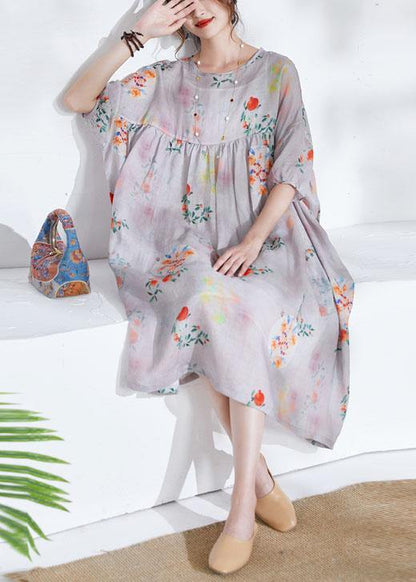 Grey Lantern Sleeve Patchwork Print Summer Ramie Party Dress Half Sleeve