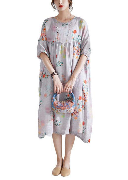 Grey Lantern Sleeve Patchwork Print Summer Ramie Party Dress Half Sleeve