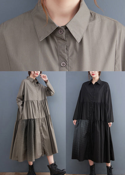 Grey Pockets Cotton Shirt Dresses Wrinkled Long Sleeve