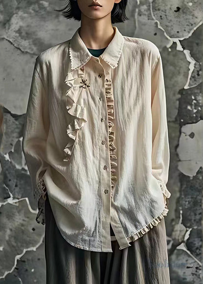 Handmade Apricot Peter Pan Collar Ruffled Shirt Long Sleeve