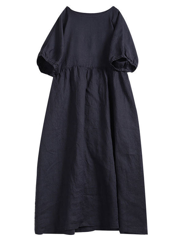 Handmade Apricot O-neck Wrinkled Patchwork Linen Dress Summer