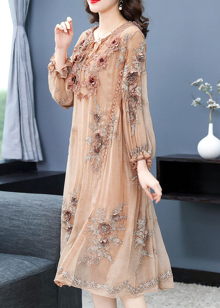 Handmade Apricot V Neck Embroideried Silk Maxi Dress Long Sleeve
