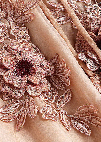 Handmade Apricot V Neck Embroideried Silk Maxi Dress Long Sleeve