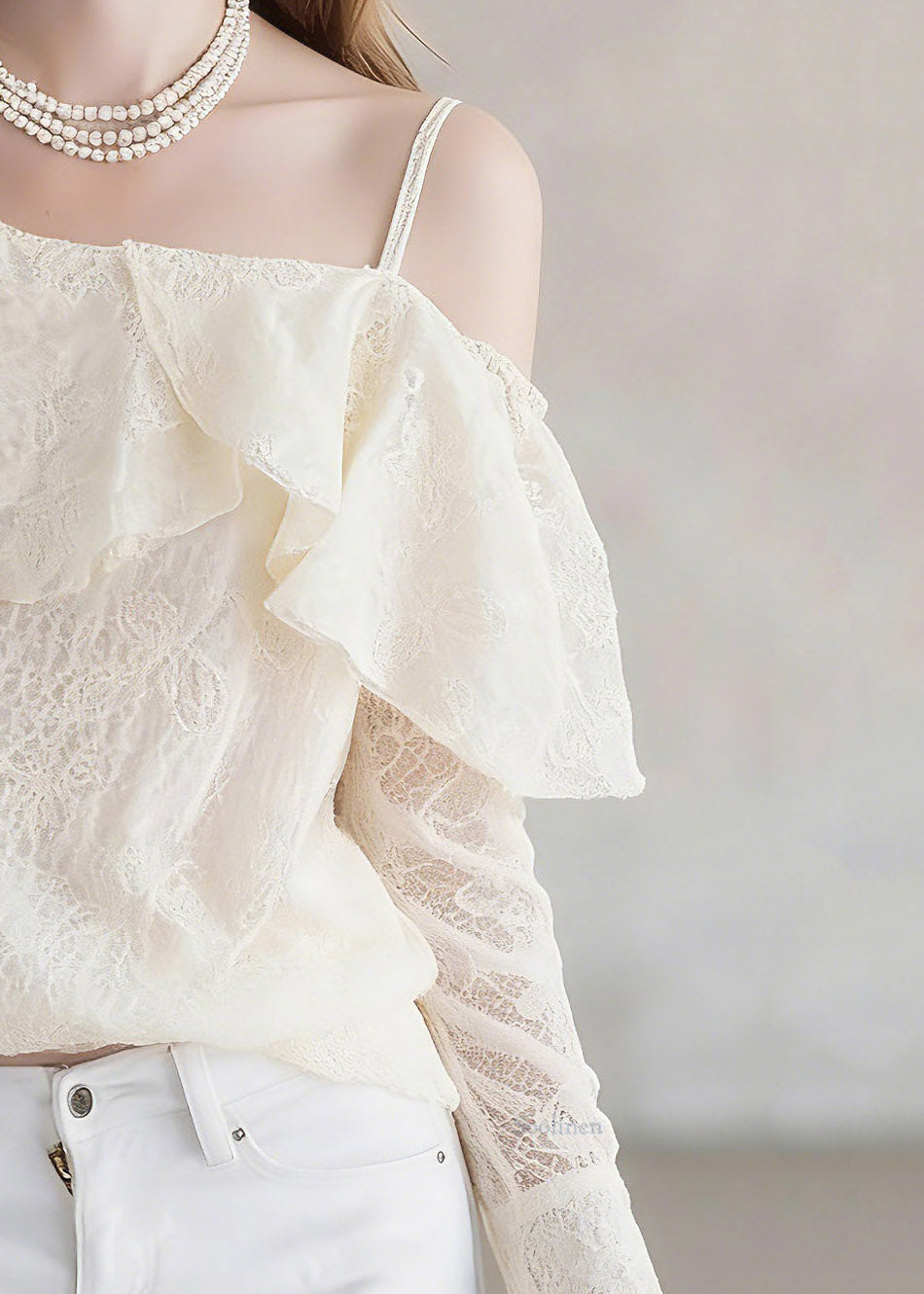 Handmade Beige Asymmetrical One Shoulder Lace Patchwork Chiffon Top Lantern Sleeve