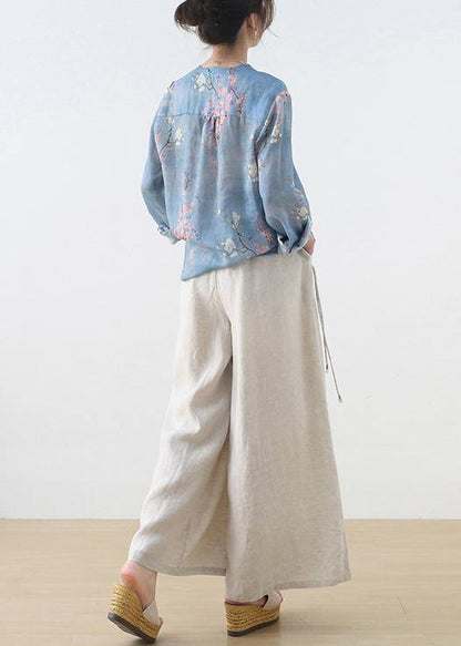 Handmade Beige Elastic Waist Wide Leg Linen Pants