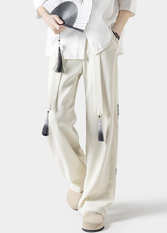 Handmade Beige Embroideried Pockets Ice Silk Pants Summer