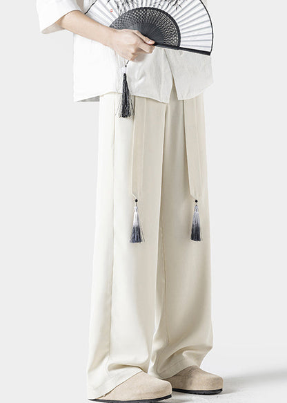 Handmade Beige Embroideried Pockets Ice Silk Pants Summer
