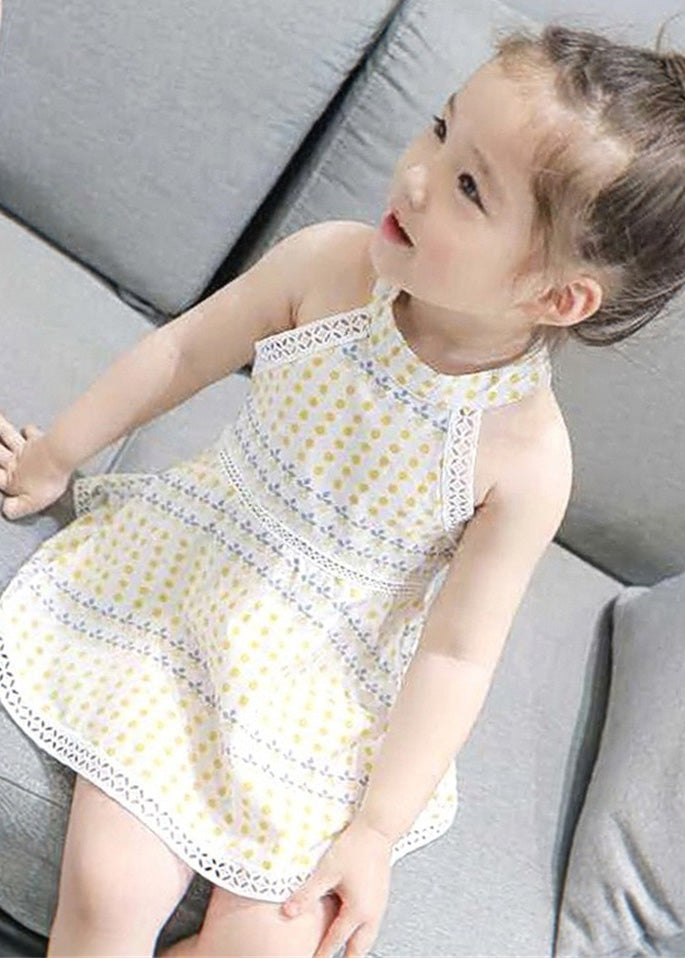 Handmade Beige O-neck Print Patchwork Baby Mid Dress Sleeveless