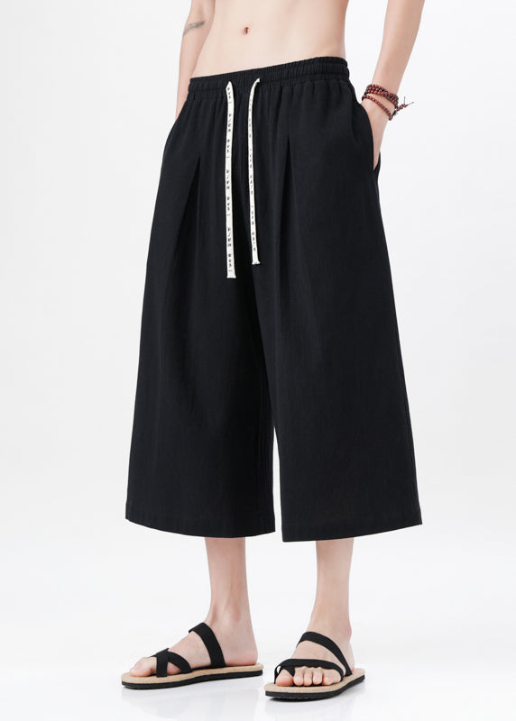 Handmade Beige Pockets Elastic Waist Wide Leg Pants