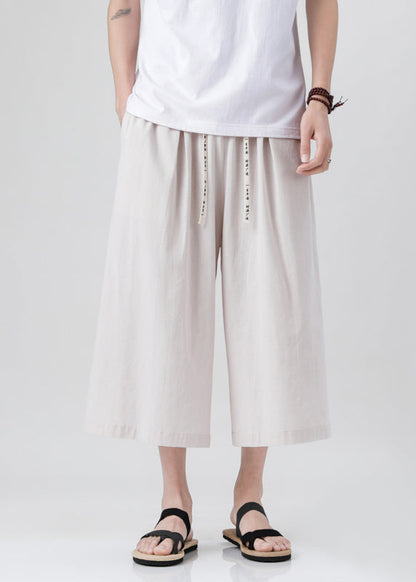 Handmade Beige Pockets Elastic Waist Wide Leg Pants