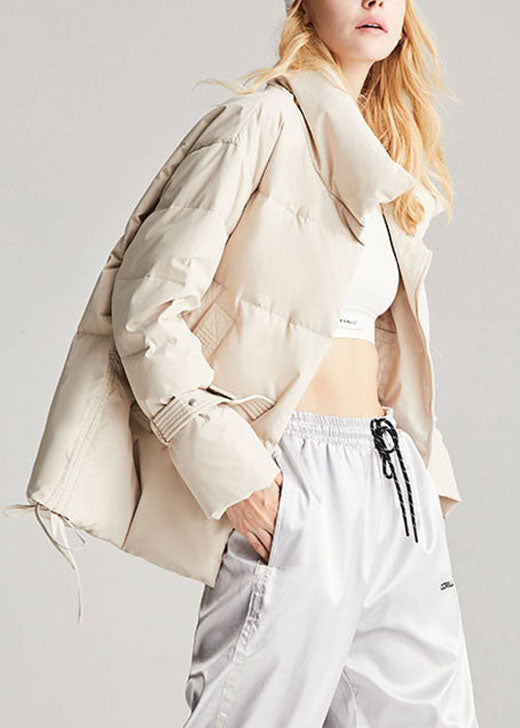 Handmade Beige Pockets Drawstring Winter Duck Down Coat