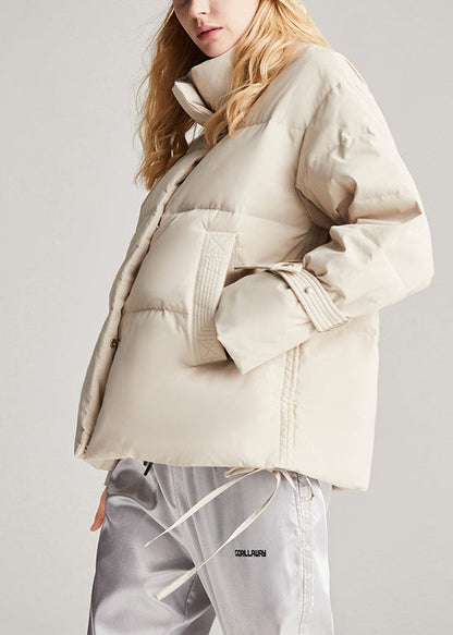 Handmade Beige Pockets Drawstring Winter Duck Down Coat