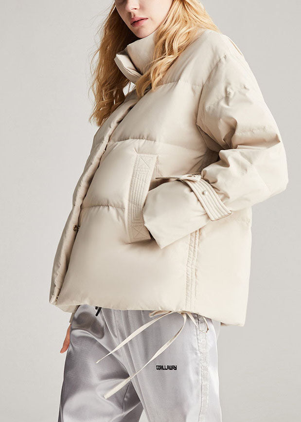 Handmade Beige Pockets Drawstring Winter Duck Down Coat