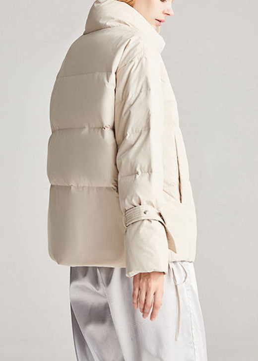 Handmade Beige Pockets Drawstring Winter Duck Down Coat