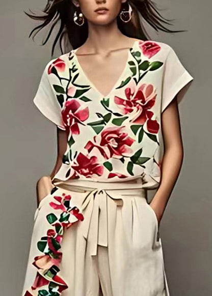Handmade Beige V Neck Print Top and Wide Leg Pants Two Piece Set Summer