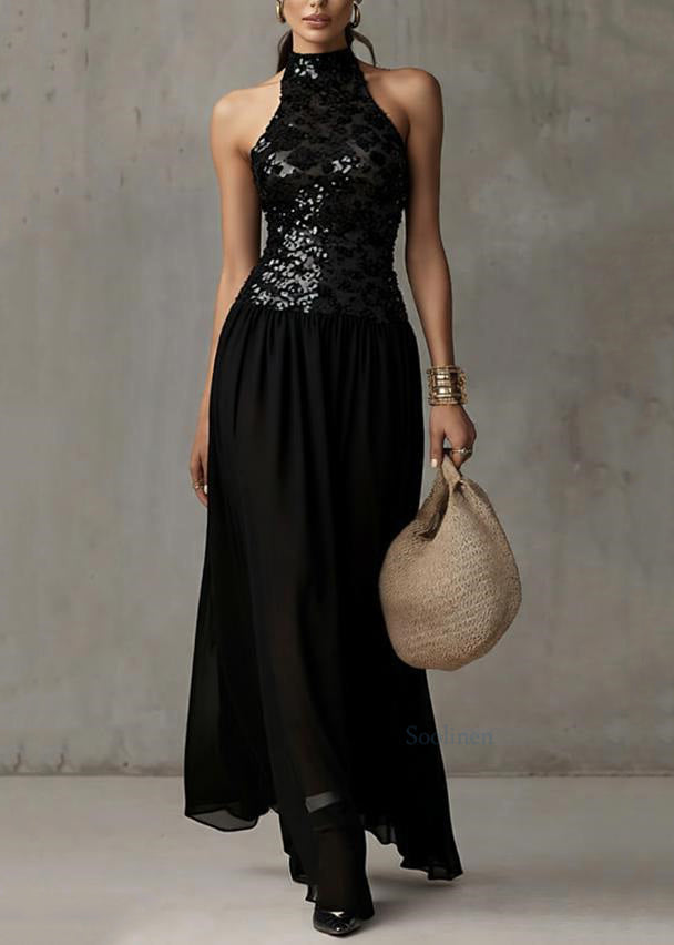 Handmade Black Backless Sequins Patchwork Tulle Long Dress Sleeveless