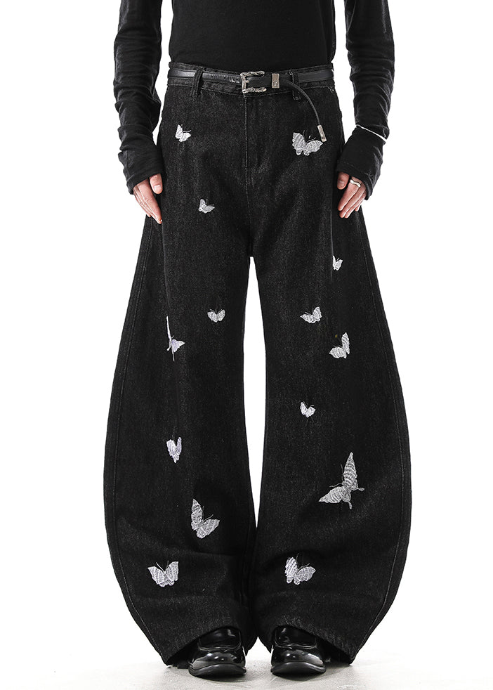 Handmade Black Butterfly Embroideried High Waist Denim Pants Fall
