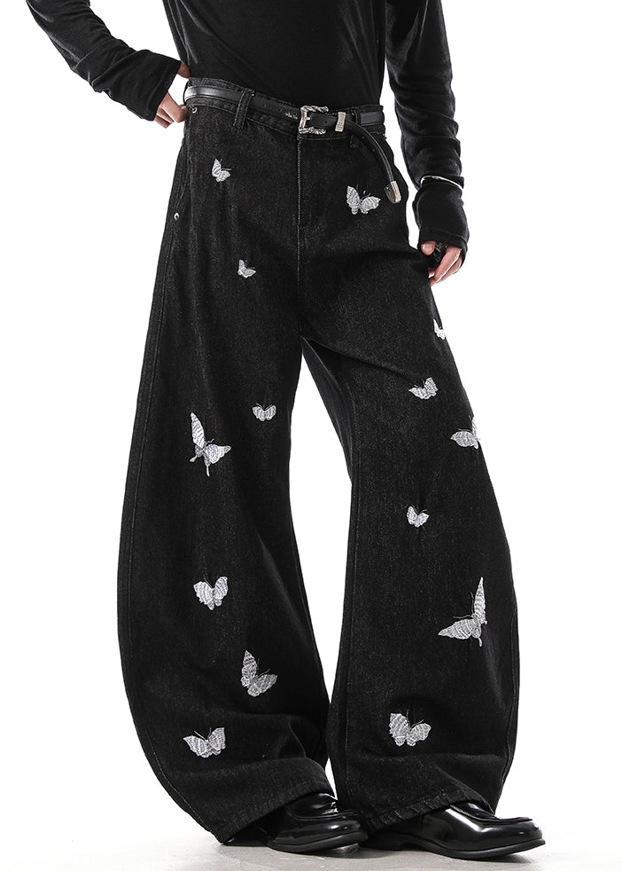 Handmade Black Butterfly Embroideried High Waist Denim Pants Fall