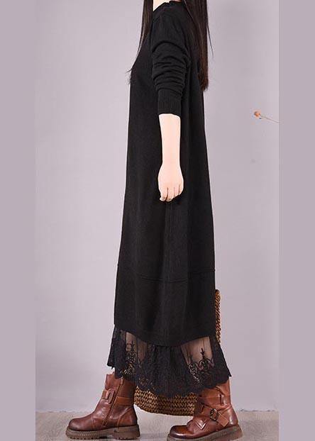 Handmade Black Clothes O Neck Patchwork Lace Kaftan Spring Dresses