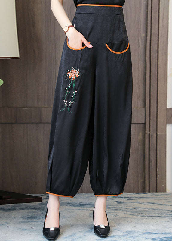 Handmade Black Embroidered Silk Lantern Pants