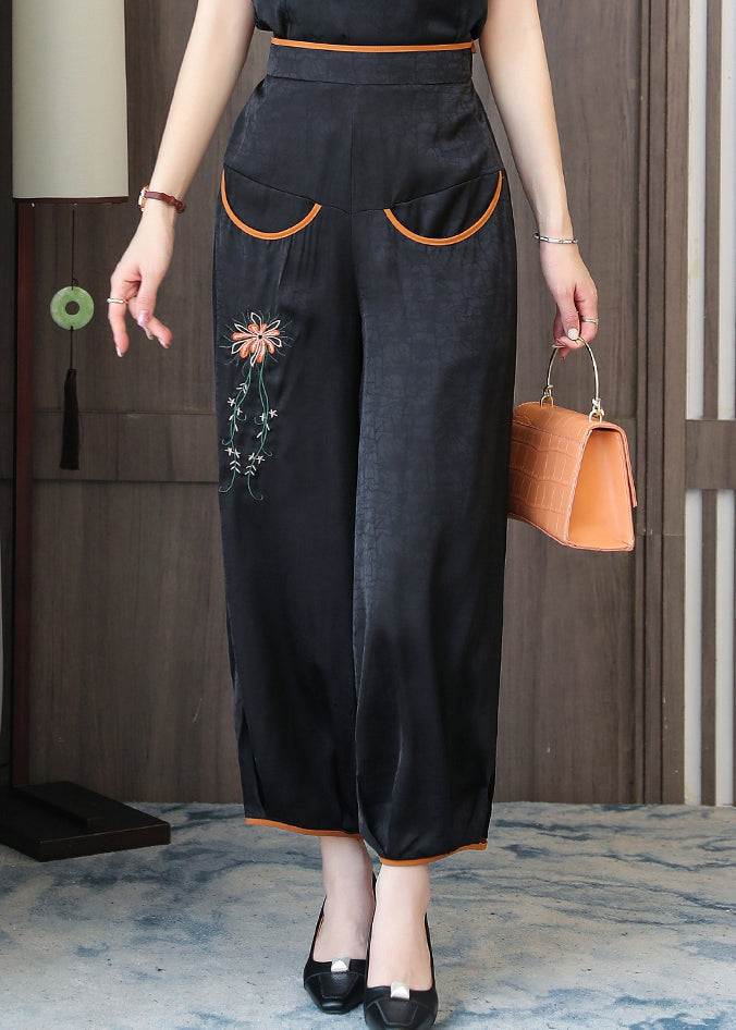 Handmade Black Embroidered Silk Lantern Pants
