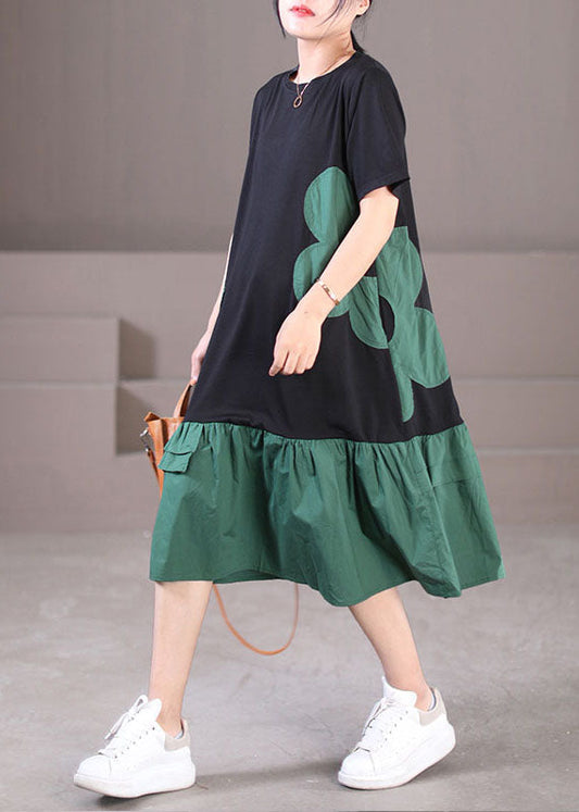 Handmade Black Green O-neck Wrinkled Cotton Long Dresses Short Sleeve