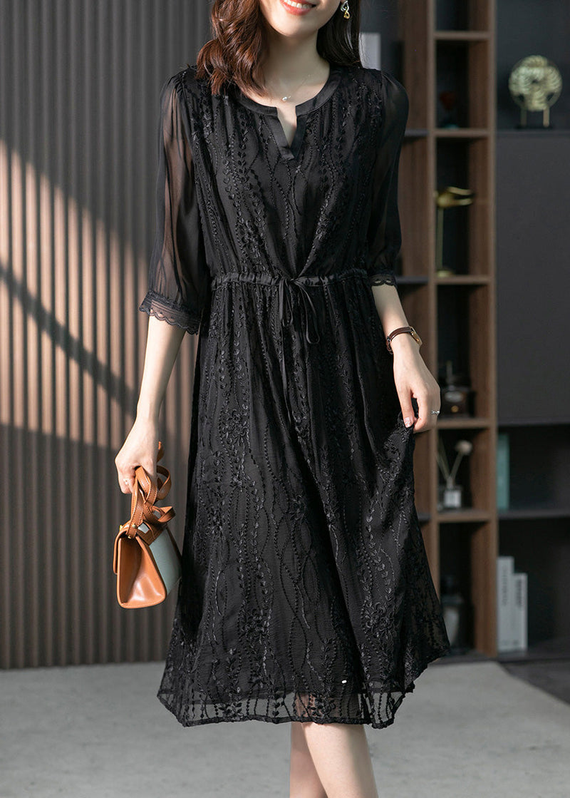 Handmade Black O-neck Lace Patchwork Tie Waist Silk Maxi Dress Summer