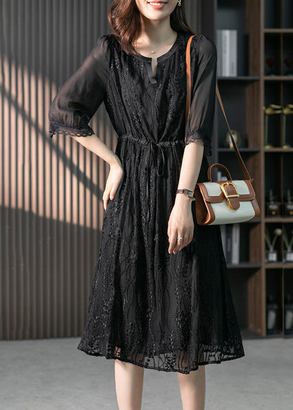 Handmade Black O-neck Lace Patchwork Tie Waist Silk Maxi Dress Summer