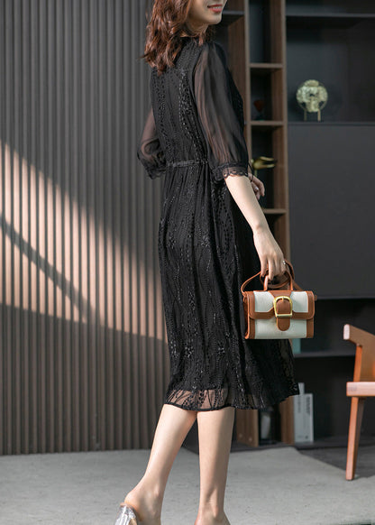 Handmade Black O-neck Lace Patchwork Tie Waist Silk Maxi Dress Summer
