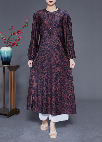 Handmade Black O-neck Patchwork Print Wrinkled Silk Dress Lantern Sleeve
