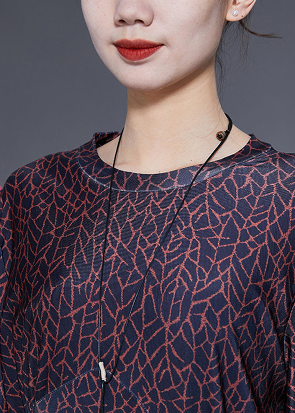 Handmade Black O-neck Patchwork Print Wrinkled Silk Dress Lantern Sleeve
