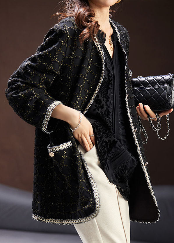 Handmade Black O-neck Pockets Plaid Patchwork Knit Coats Long Sleeve