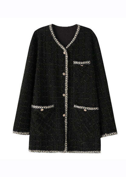 Handmade Black O-neck Pockets Plaid Patchwork Knit Coats Long Sleeve