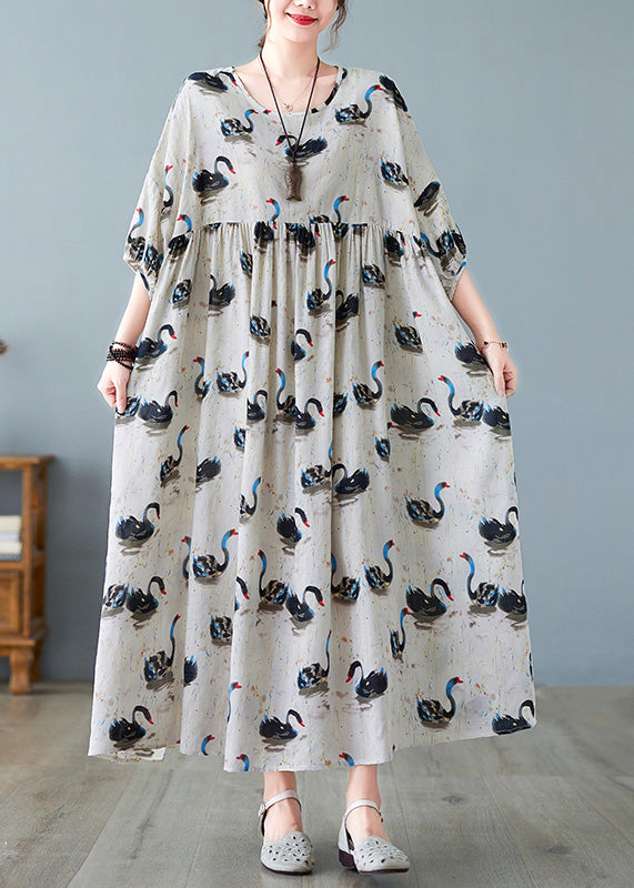Handmade Black O-neck Swan Print Patchwork Cotton Maxi Dresses Half Sleeve