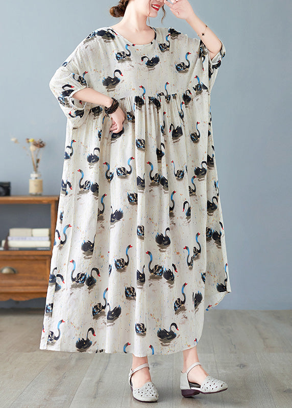 Handmade Black O-neck Swan Print Patchwork Cotton Maxi Dresses Half Sleeve