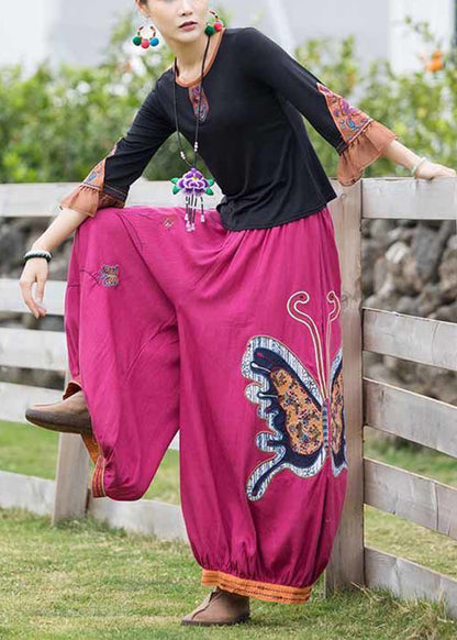 Handmade Black Patchwork Earthy Yellow Embroideried Top and Lantern Pants Two Pieces Set Summer