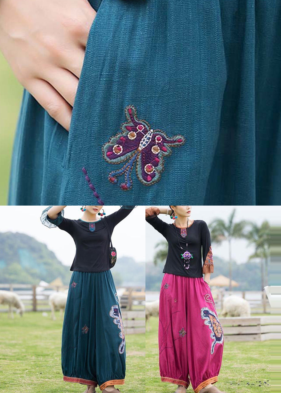 Handmade Black Patchwork Earthy Yellow Embroideried Top and Lantern Pants Two Pieces Set Summer