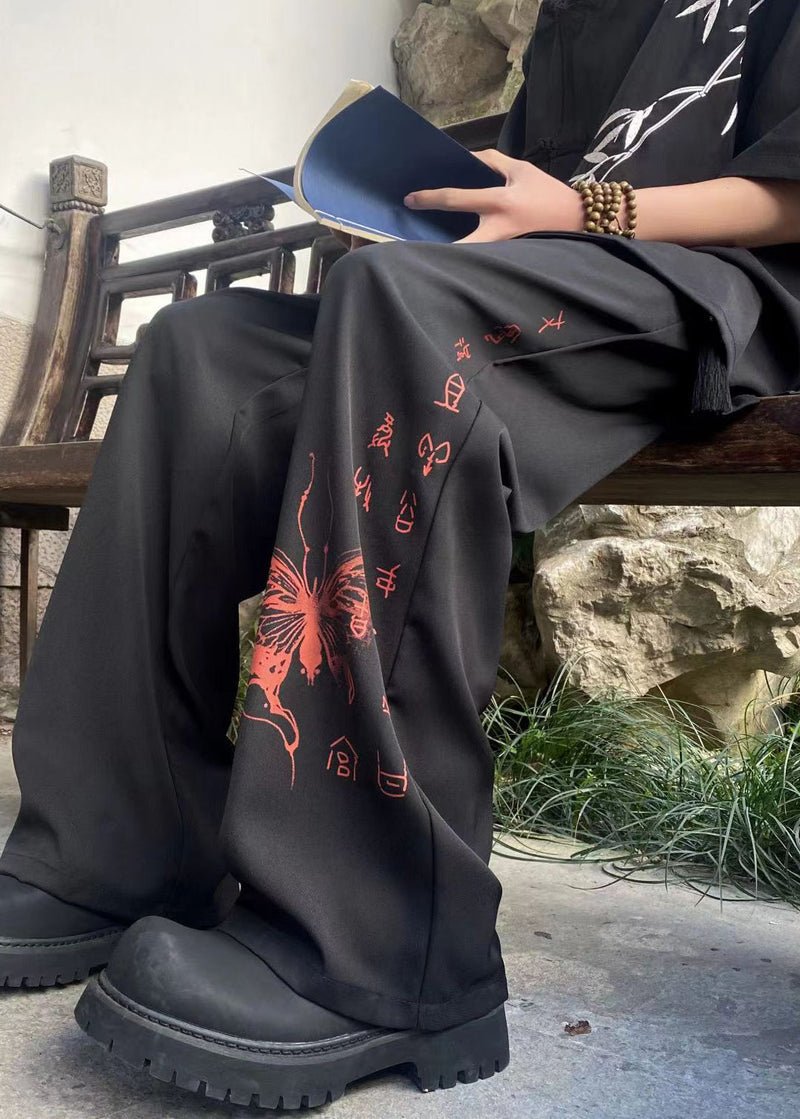 Handmade Black Pockets Print Ice Silk Pants Summer