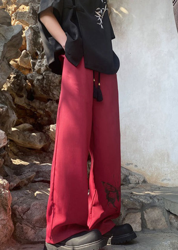 Handmade Black Pockets Print Ice Silk Pants Summer