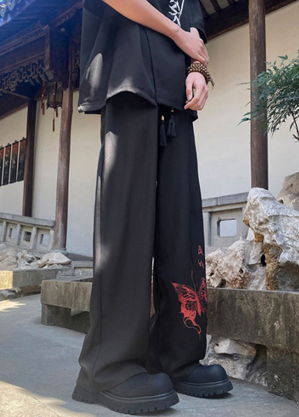 Handmade Black Pockets Print Ice Silk Pants Summer